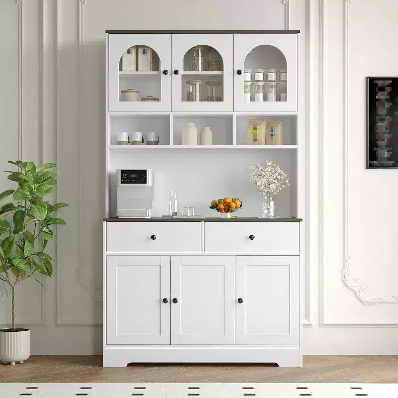 GustoWave 71" Farmhouse Kitchen Pantry Cabinet with Open Shelves, Countertop and Glass Door Display