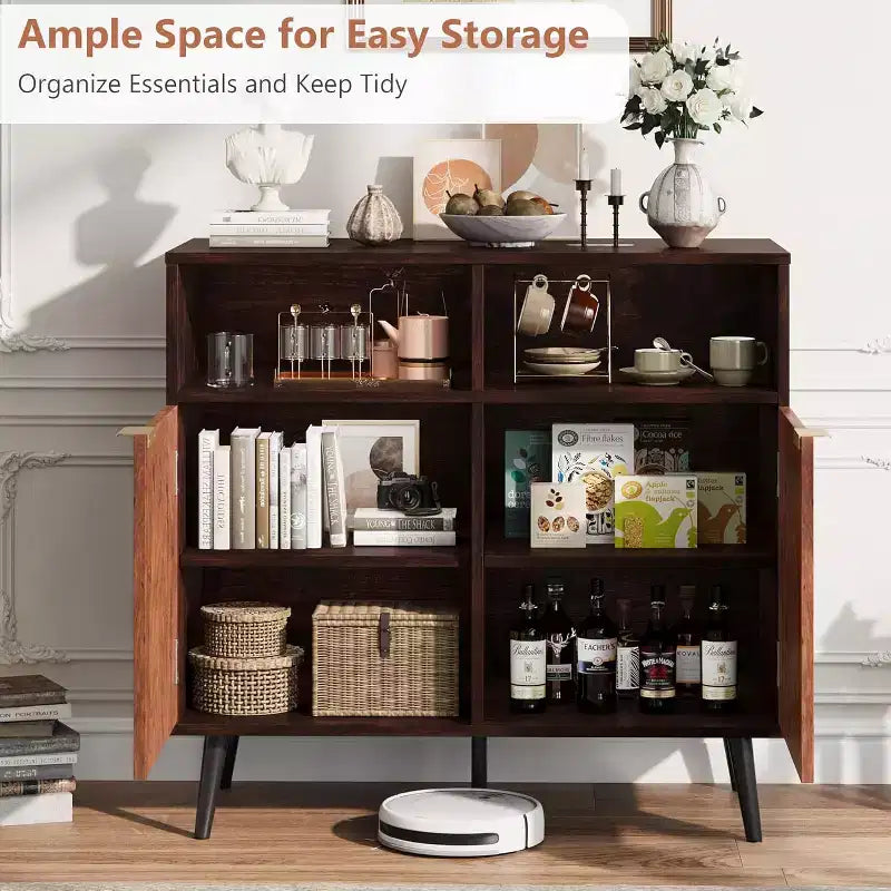 31.5" Farmhouse Rustic Wooden Sideboard Buffet with Barn Doors and Open Compartments for Entryway and Living Room