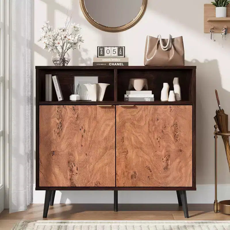 31.5" Farmhouse Rustic Wooden Sideboard Buffet with Barn Doors and Open Compartments for Entryway and Living Room