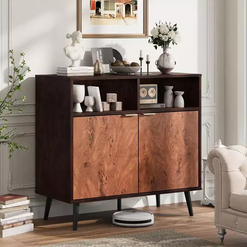 31.5" Farmhouse Rustic Wooden Sideboard Buffet with Barn Doors and Open Compartments for Entryway and Living Room