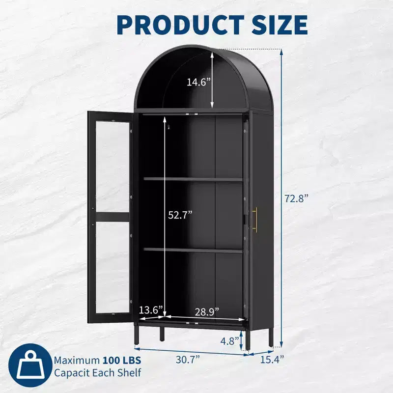 COZONY 73" Tall Arched Pantry Cabinet with Glass Doors and 2 Adjustable Shelves for Kitchen and Dining Room