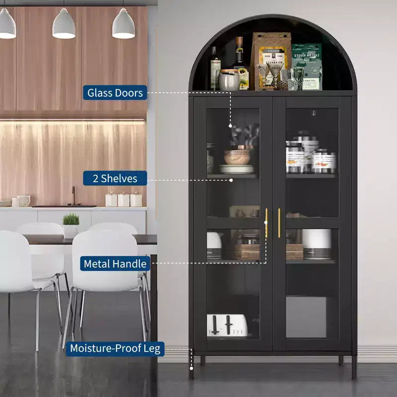 COZONY 73" Tall Arched Pantry Cabinet with Glass Doors and 2 Adjustable Shelves for Kitchen and Dining Room