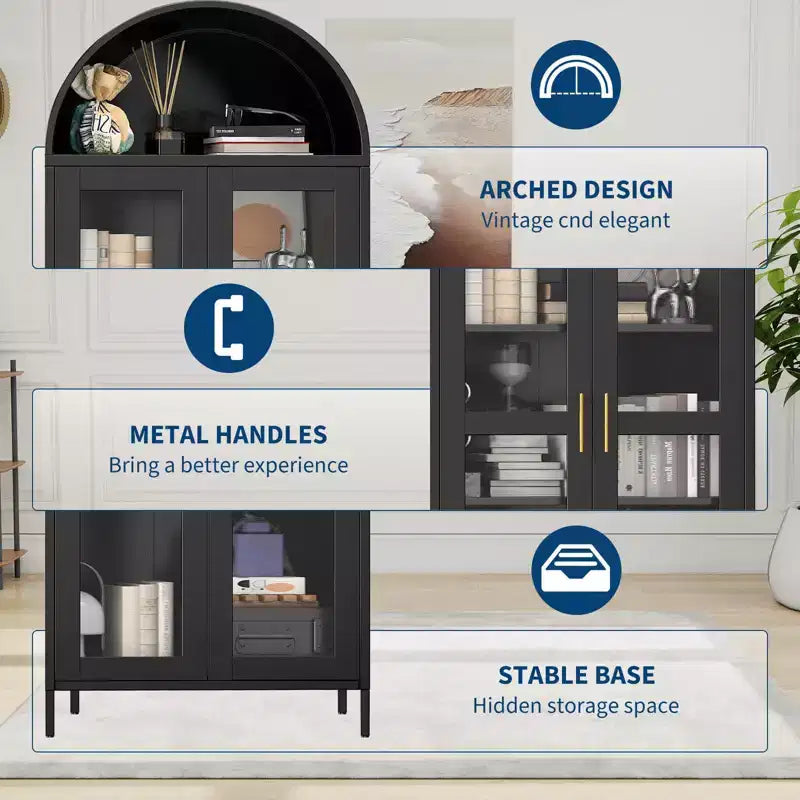 COZONY 73" Tall Arched Pantry Cabinet with Glass Doors and 2 Adjustable Shelves for Kitchen and Dining Room
