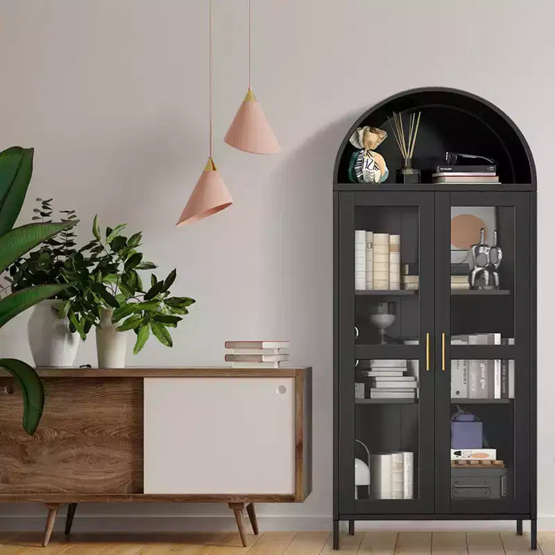 COZONY 73" Tall Arched Pantry Cabinet with Glass Doors and 2 Adjustable Shelves for Kitchen and Dining Room