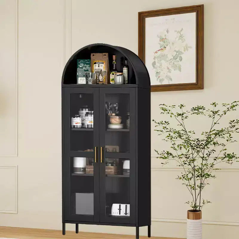 COZONY 73" Tall Arched Pantry Cabinet with Glass Doors and 2 Adjustable Shelves for Kitchen and Dining Room