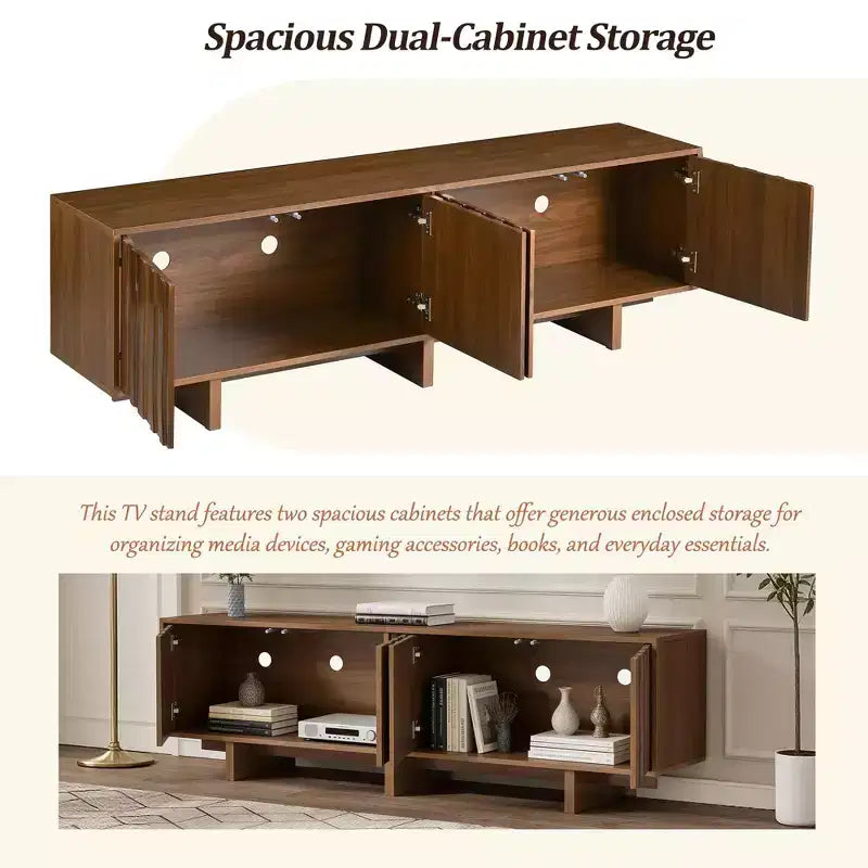 70" TV Stand for TVs up to 75" - Retro Wood Grain with Wavy Door Design and Dual Cabinet Storage