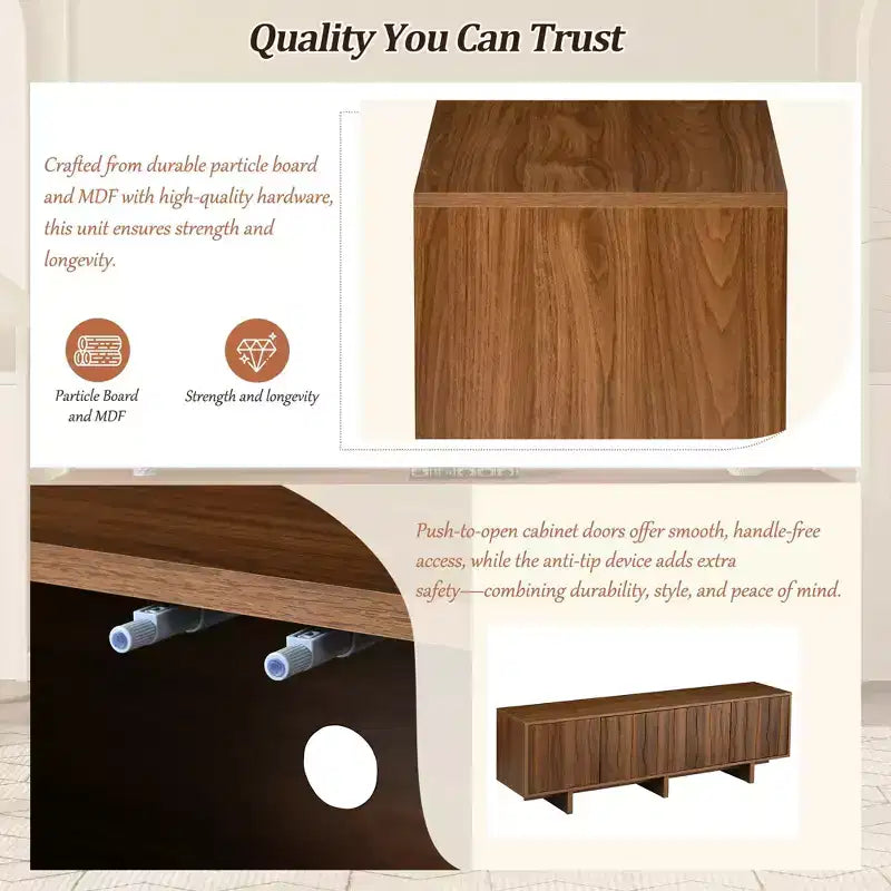 70" TV Stand for TVs up to 75" - Retro Wood Grain with Wavy Door Design and Dual Cabinet Storage