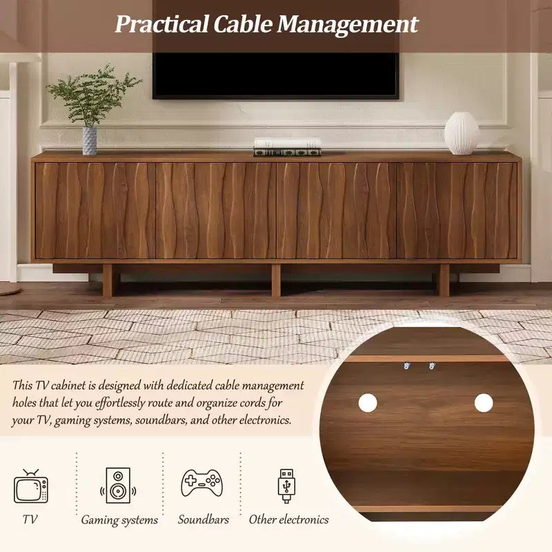 70" TV Stand for TVs up to 75" - Retro Wood Grain with Wavy Door Design and Dual Cabinet Storage