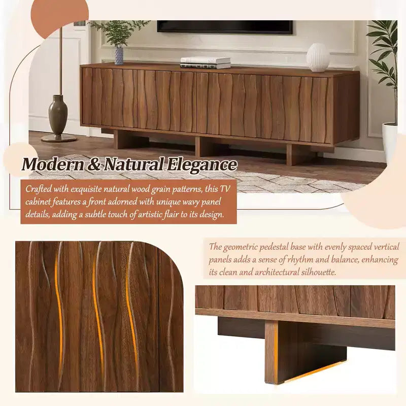 70" TV Stand for TVs up to 75" - Retro Wood Grain with Wavy Door Design and Dual Cabinet Storage