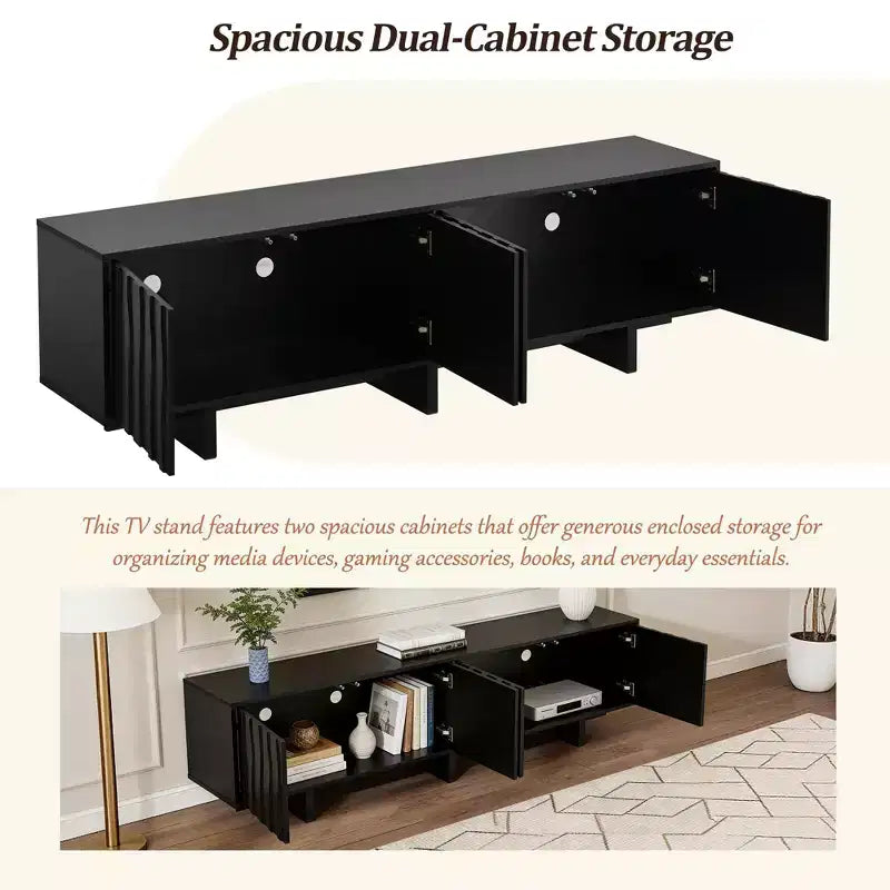 70" TV Stand for TVs up to 75" - Retro Wood Grain with Wavy Door Design and Dual Cabinet Storage