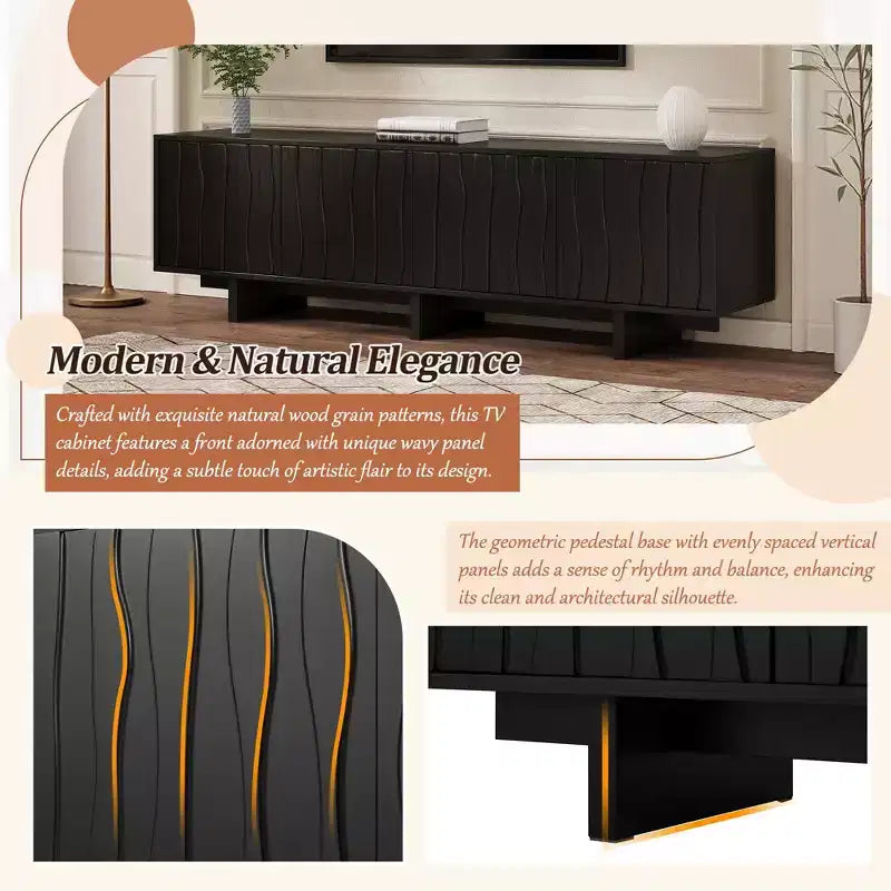 70" TV Stand for TVs up to 75" - Retro Wood Grain with Wavy Door Design and Dual Cabinet Storage