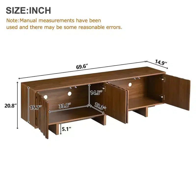 70" TV Stand for TVs up to 75" - Retro Wood Grain with Wavy Door Design and Dual Cabinet Storage