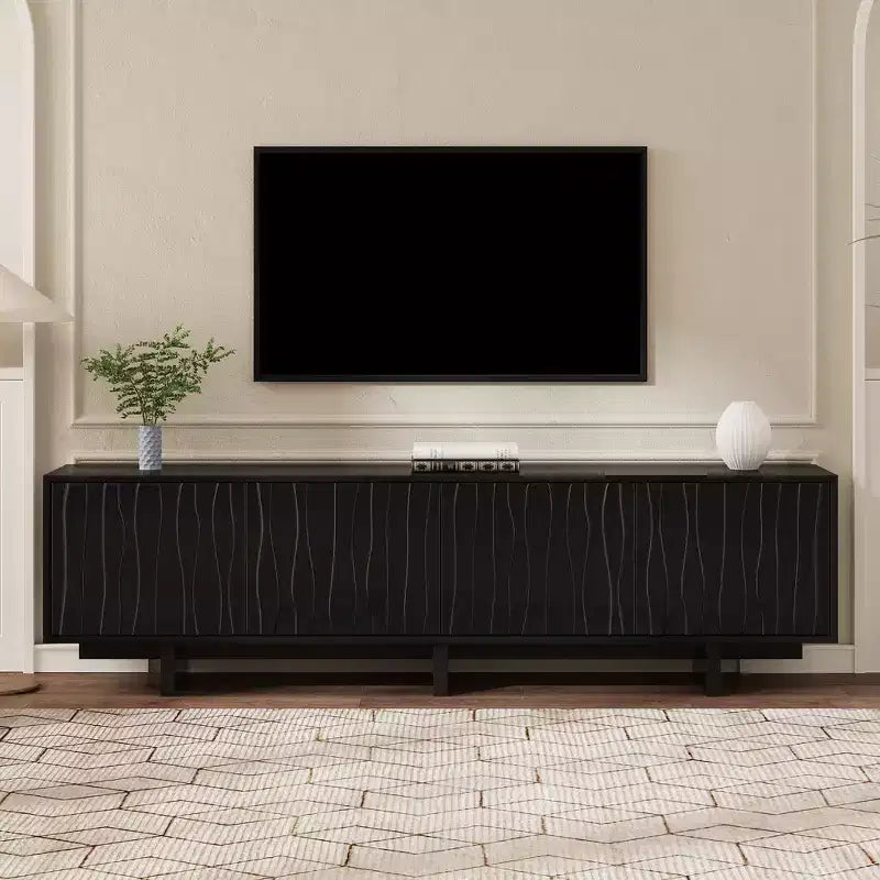 70" TV Stand for TVs up to 75" - Retro Wood Grain with Wavy Door Design and Dual Cabinet Storage