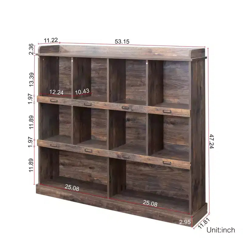 10-Cube Tall Freestanding Bookcase with Vintage Industrial Style for Living Room, Bedroom and Office