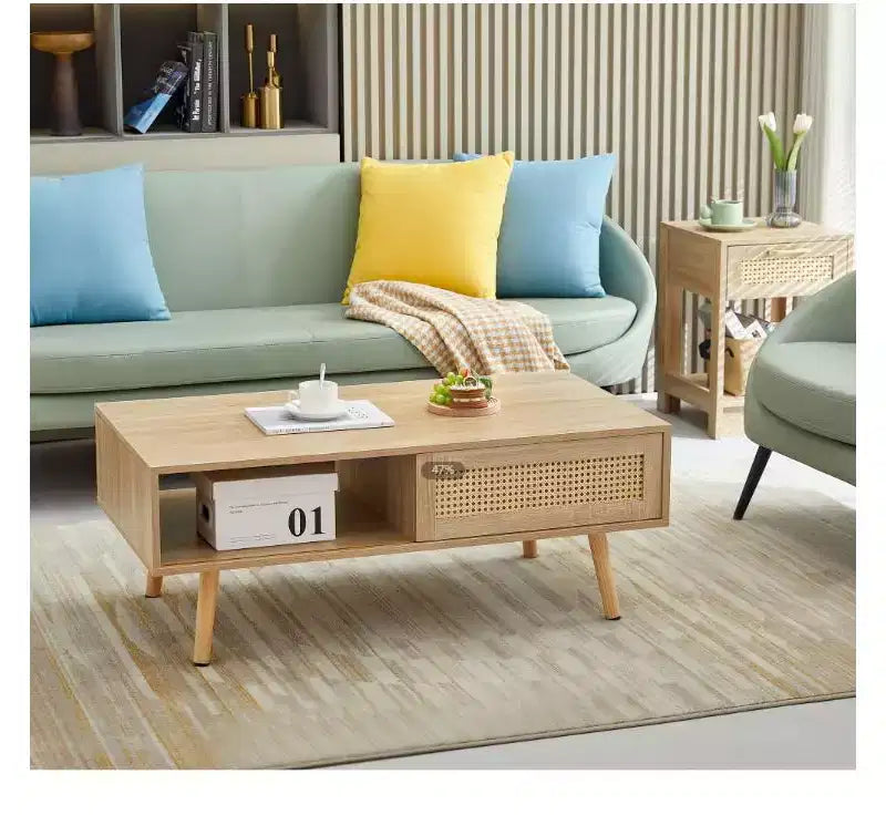 41.34" Solid Wood and MDF Rattan Coffee Table - Natural Wood Color