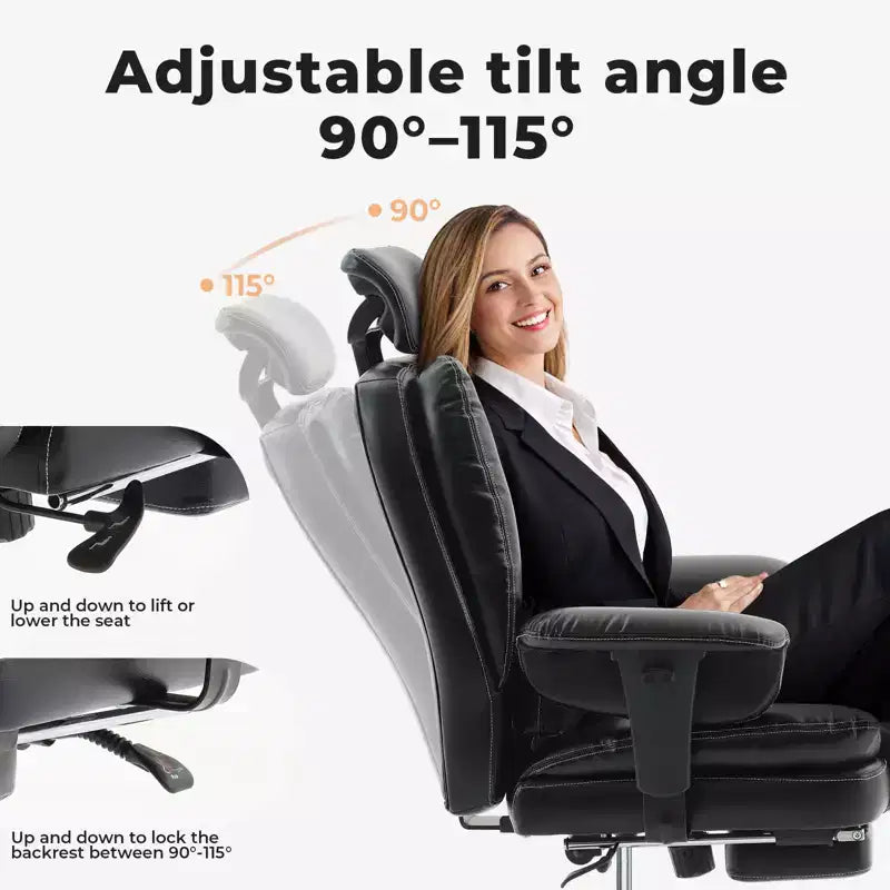 Ergonomic Office Chair 200 kg PU Leather with Adjustable Headrest, Lumbar Support and High Backrest - Black