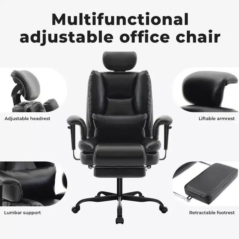 Ergonomic Office Chair 200 kg PU Leather with Adjustable Headrest, Lumbar Support and High Backrest - Black
