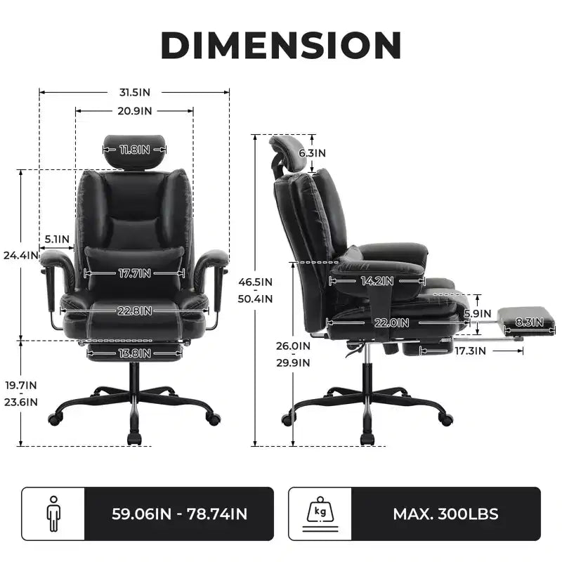 Ergonomic Office Chair 200 kg PU Leather with Adjustable Headrest, Lumbar Support and High Backrest - Black