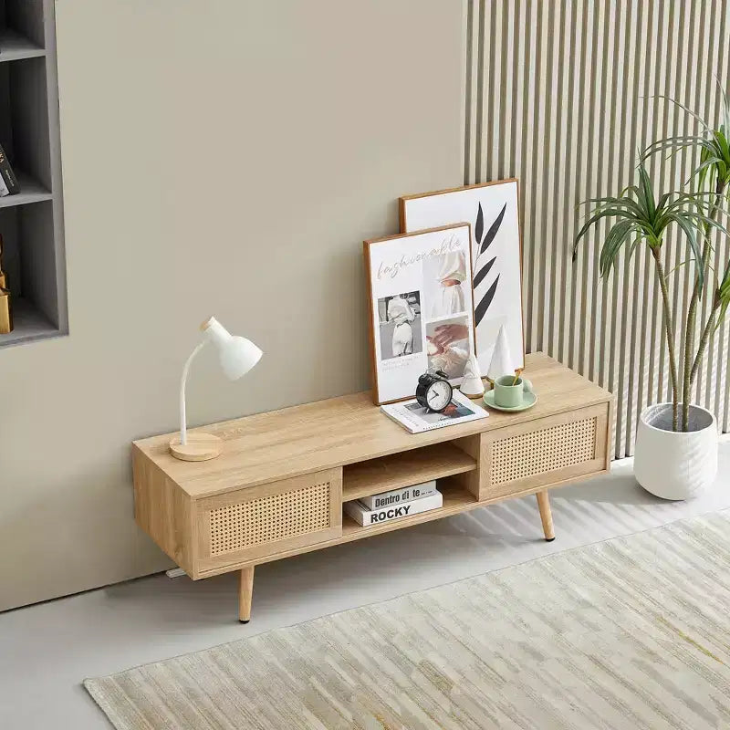 JVNOXK 55" Rattan TV Stand with Double Sliding Doors and Adjustable Shelves - Natural