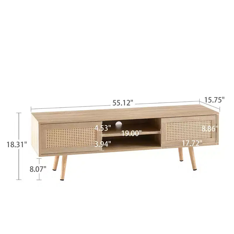 JVNOXK 55" Rattan TV Stand with Double Sliding Doors and Adjustable Shelves - Natural