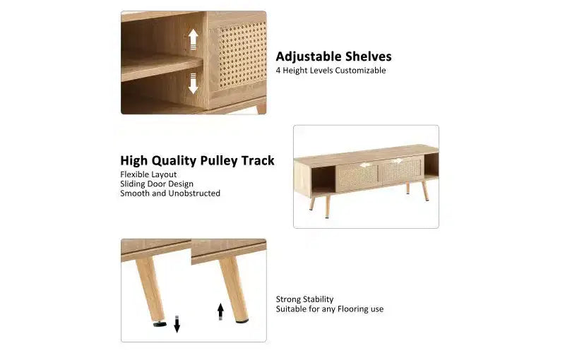 JVNOXK 55" Rattan TV Stand with Double Sliding Doors and Adjustable Shelves - Natural