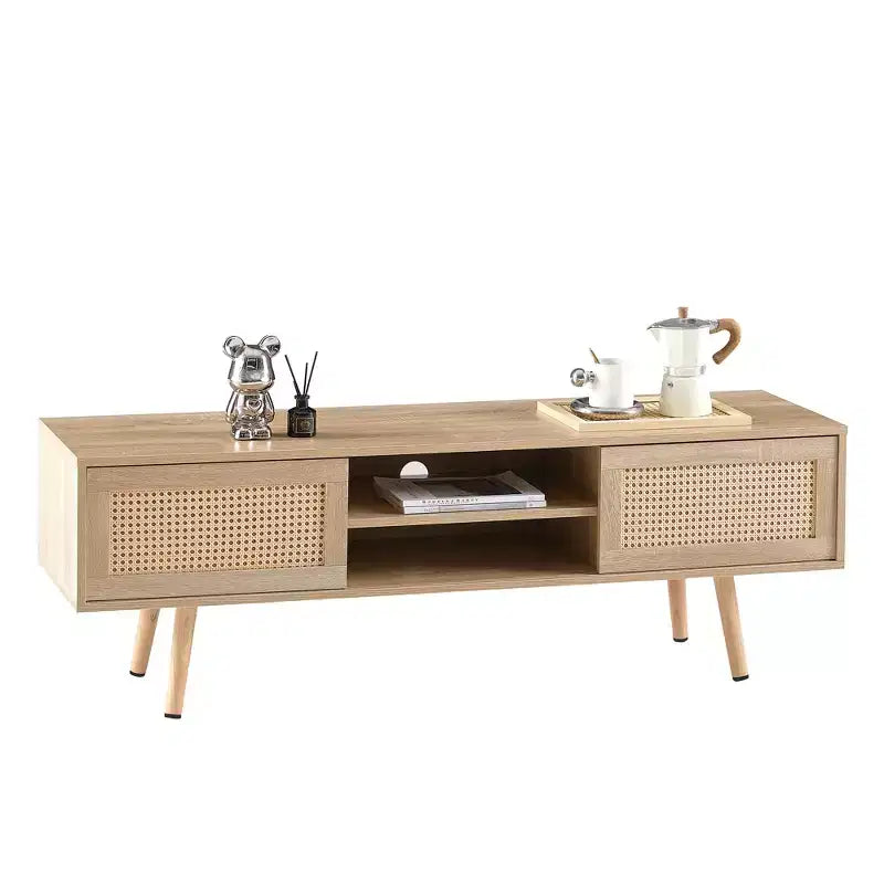 JVNOXK 55" Rattan TV Stand with Double Sliding Doors and Adjustable Shelves - Natural