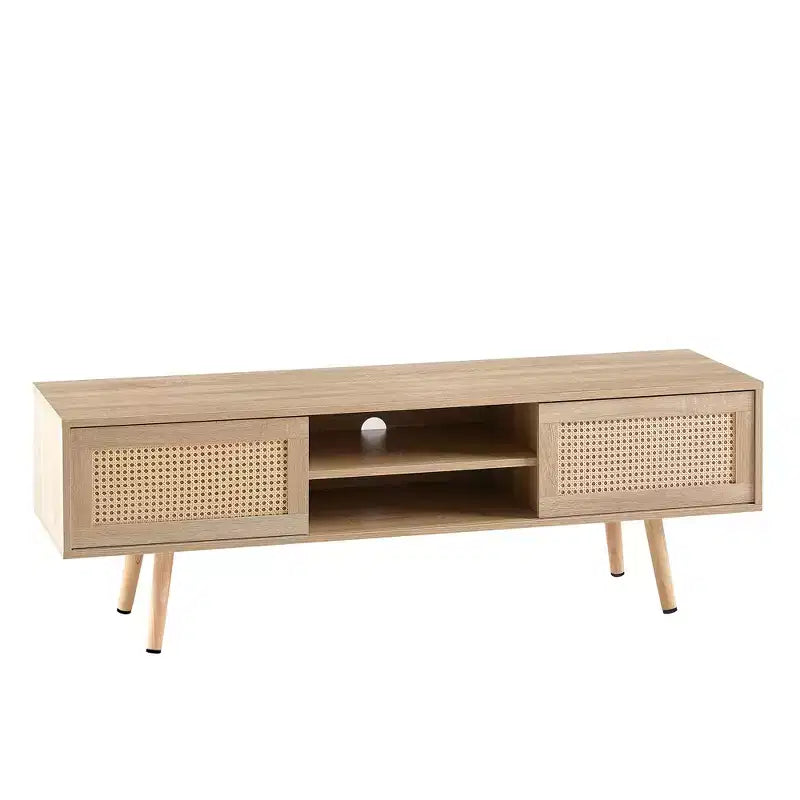 JVNOXK 55" Rattan TV Stand with Double Sliding Doors and Adjustable Shelves - Natural