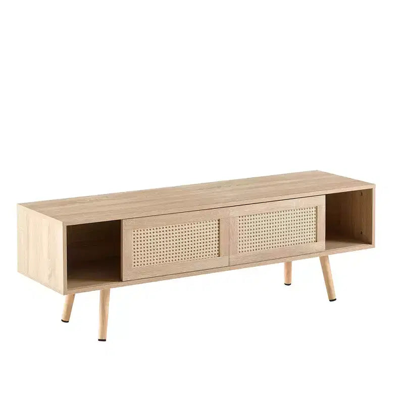 JVNOXK 55" Rattan TV Stand with Double Sliding Doors and Adjustable Shelves - Natural