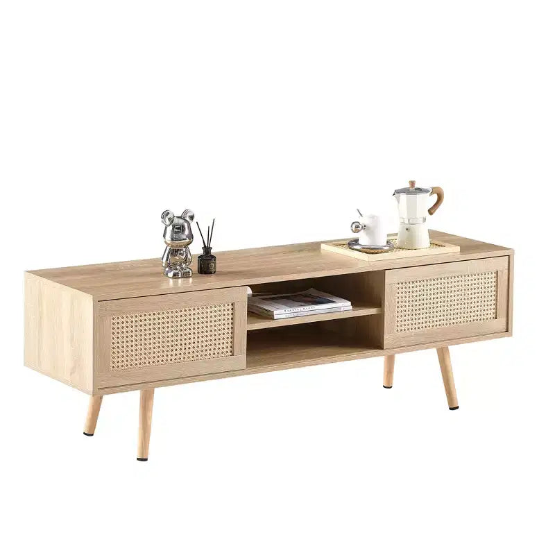 JVNOXK 55" Rattan TV Stand with Double Sliding Doors and Adjustable Shelves - Natural