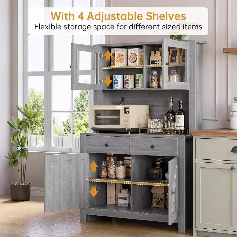 Kitchen Pantry Cabinet with Microwave Stand, Freestanding Hutch with Buffet Cupboard and Tall Storage