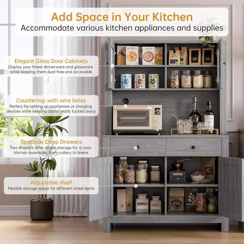 Kitchen Pantry Cabinet with Microwave Stand, Freestanding Hutch with Buffet Cupboard and Tall Storage
