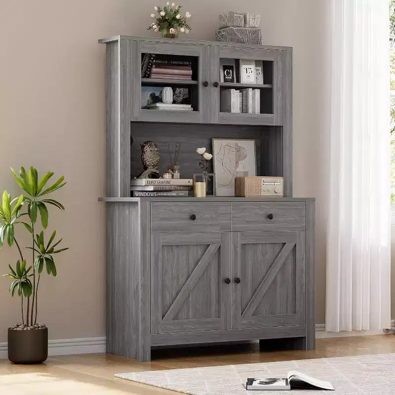 Kitchen Pantry Cabinet with Microwave Stand, Freestanding Hutch with Buffet Cupboard and Tall Storage