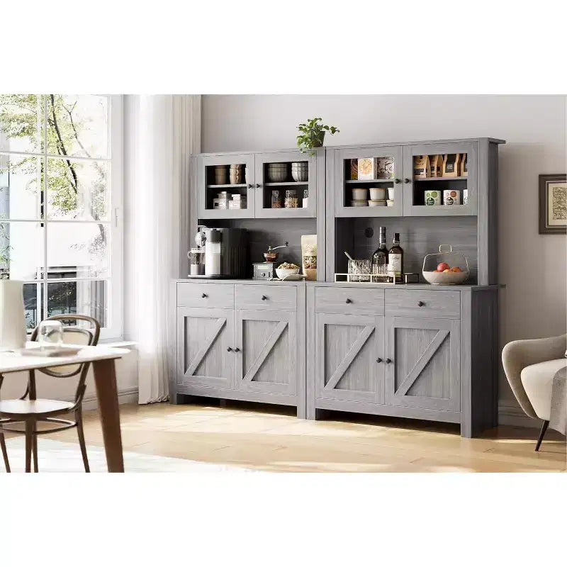 Kitchen Pantry Cabinet with Microwave Stand, Freestanding Hutch with Buffet Cupboard and Tall Storage