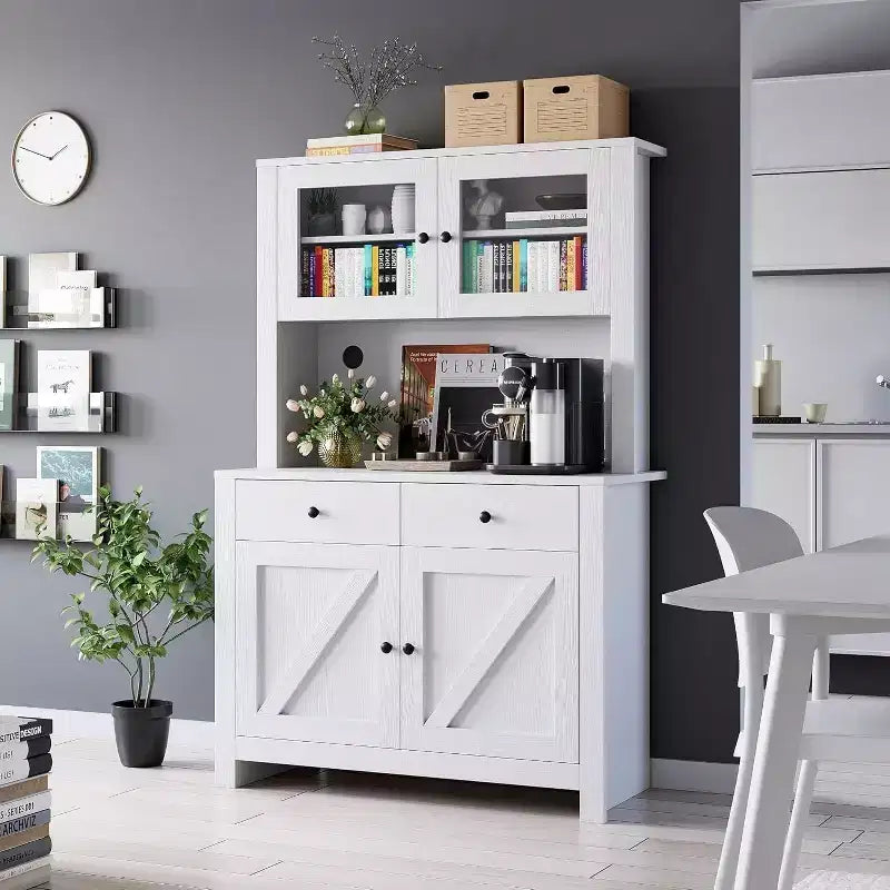 Kitchen Pantry Cabinet with Microwave Stand, Freestanding Hutch with Buffet Cupboard and Tall Storage
