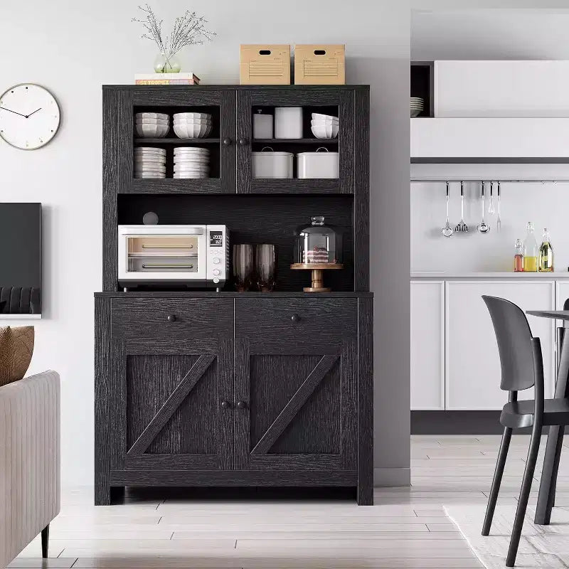 Kitchen Pantry Cabinet with Microwave Stand, Freestanding Hutch with Buffet Cupboard and Tall Storage