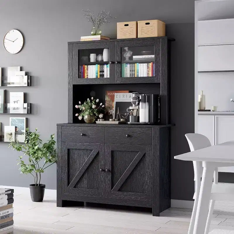 Kitchen Pantry Cabinet with Microwave Stand, Freestanding Hutch with Buffet Cupboard and Tall Storage