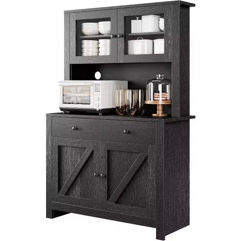 Kitchen Pantry Cabinet with Microwave Stand, Freestanding Hutch with Buffet Cupboard and Tall Storage