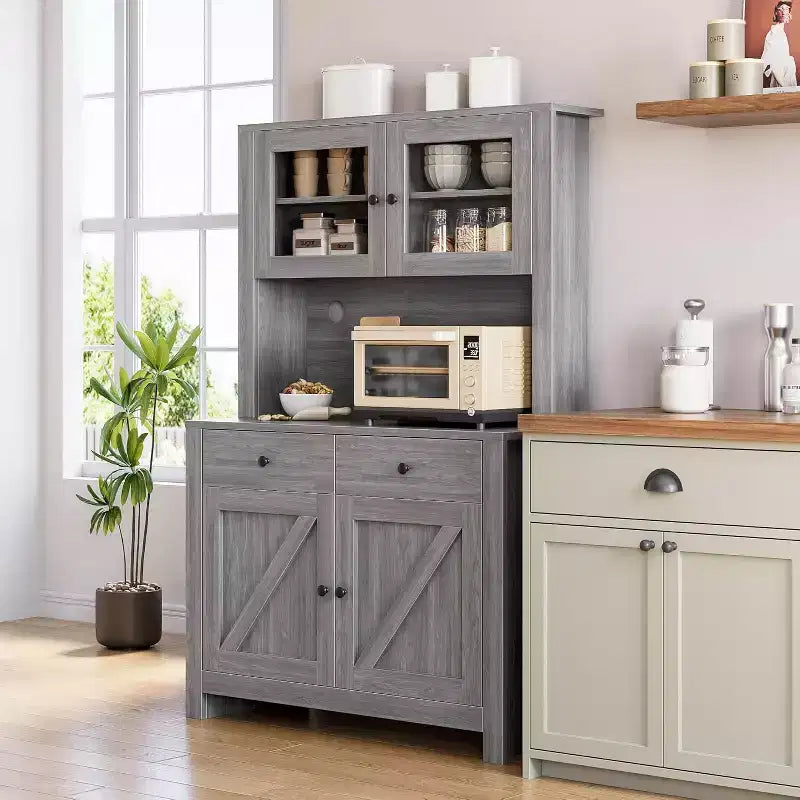 Kitchen Pantry Cabinet with Microwave Stand, Freestanding Hutch with Buffet Cupboard and Tall Storage