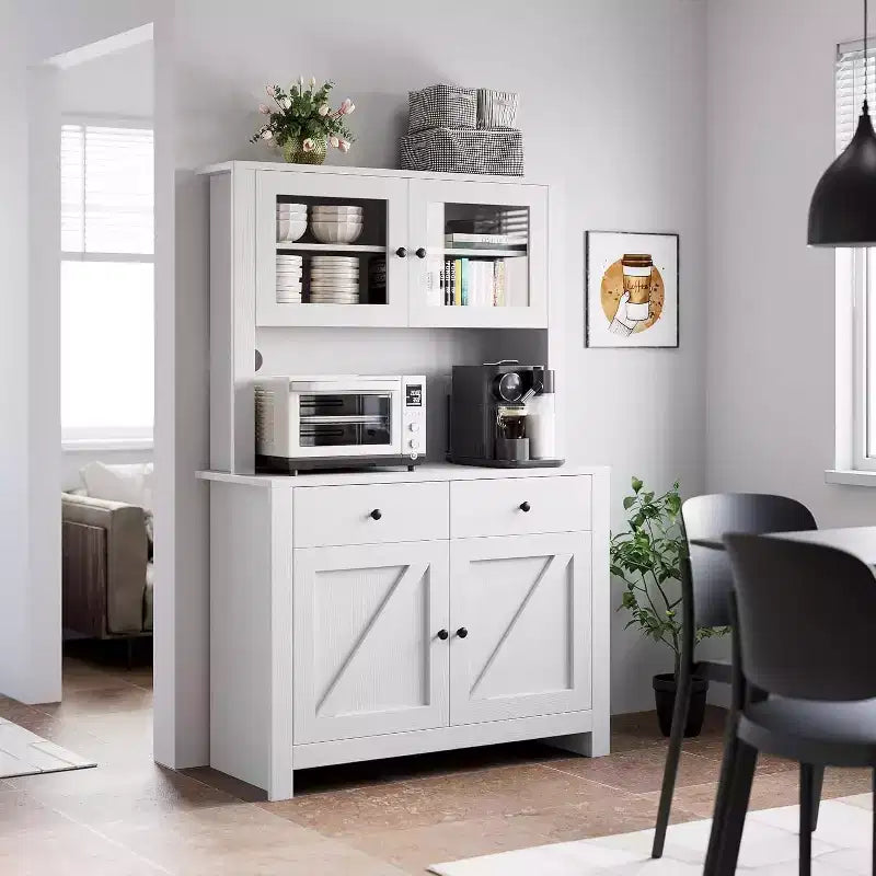 Kitchen Pantry Cabinet with Microwave Stand, Freestanding Hutch with Buffet Cupboard and Tall Storage