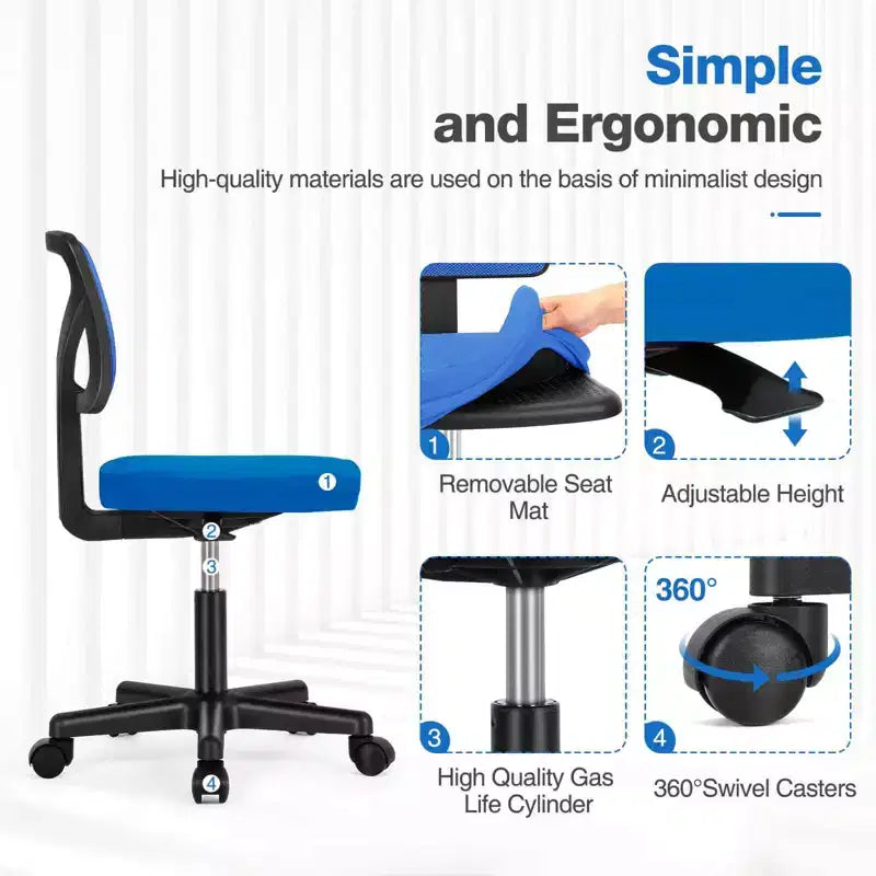 TUYOHW Low-Back Mesh Armless Office Chair with Lumbar Support for Study, Office and Reading Room