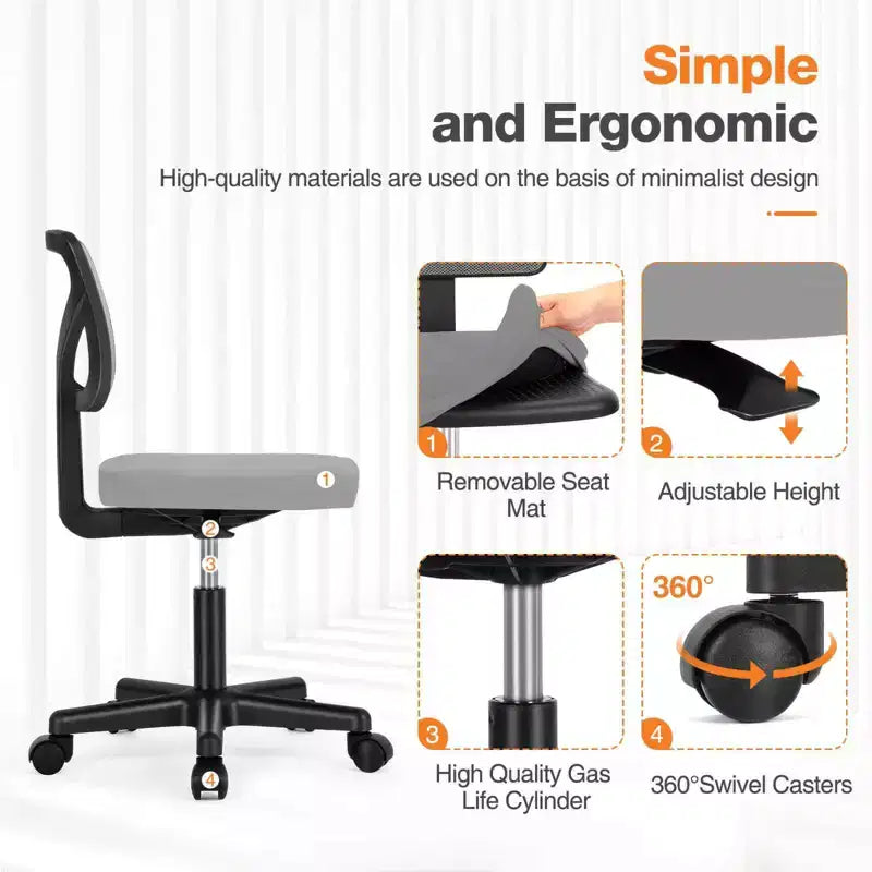 TUYOHW Low-Back Mesh Armless Office Chair with Lumbar Support for Study, Office and Reading Room