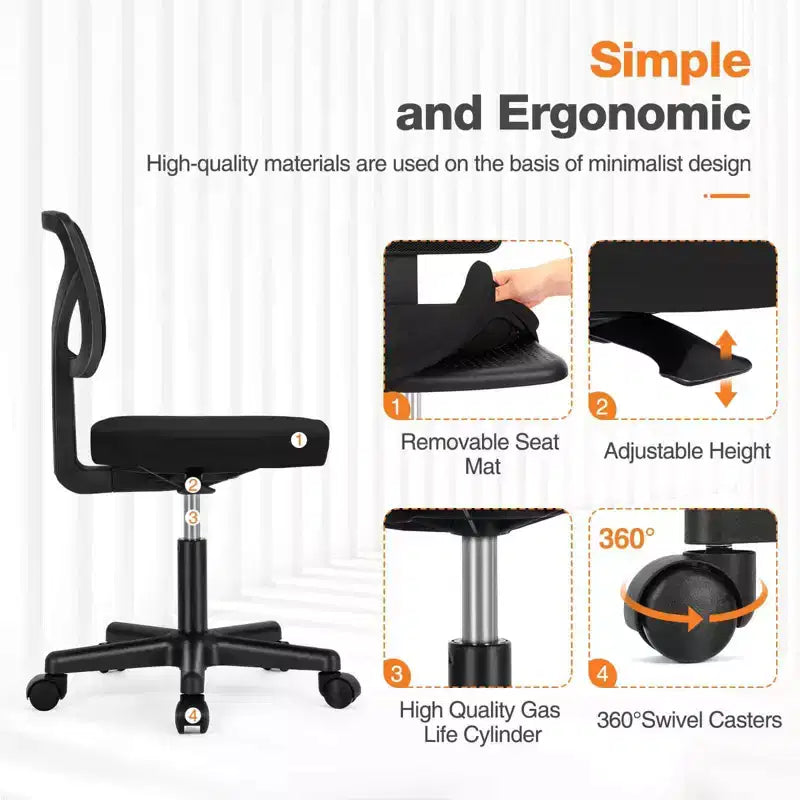 TUYOHW Low-Back Mesh Armless Office Chair with Lumbar Support for Study, Office and Reading Room