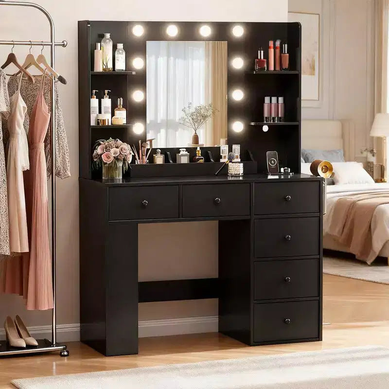 White Vanity Dressing Table with 6 Drawers, 3 Compartments, Dimmable Lighting and Built-In Power Strip