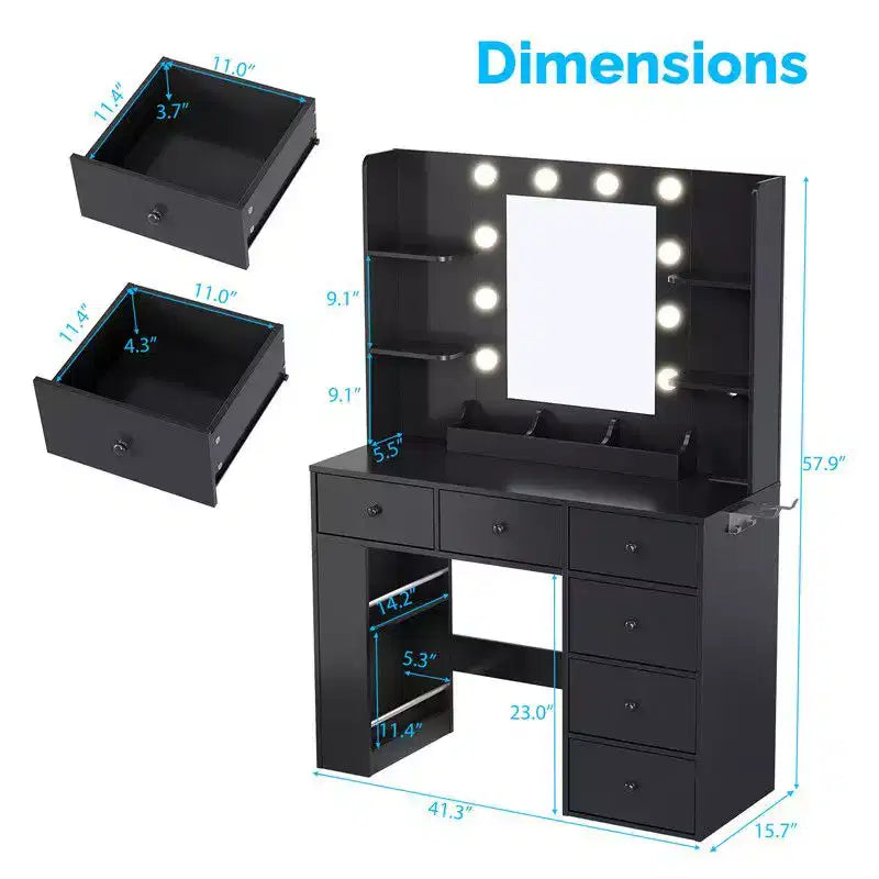 White Vanity Dressing Table with 6 Drawers, 3 Compartments, Dimmable Lighting and Built-In Power Strip