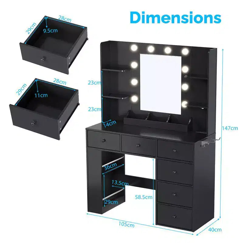White Vanity Dressing Table with 6 Drawers, 3 Compartments, Dimmable Lighting and Built-In Power Strip