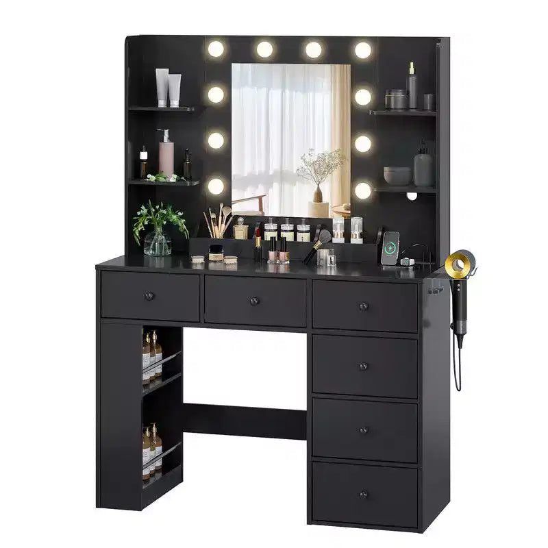 White Vanity Dressing Table with 6 Drawers, 3 Compartments, Dimmable Lighting and Built-In Power Strip