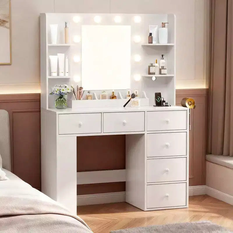 White Vanity Dressing Table with 6 Drawers, 3 Compartments, Dimmable Lighting and Built-In Power Strip