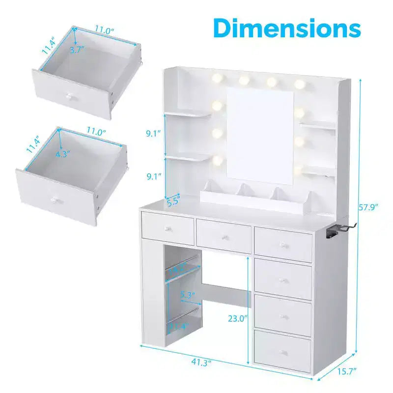 White Vanity Dressing Table with 6 Drawers, 3 Compartments, Dimmable Lighting and Built-In Power Strip