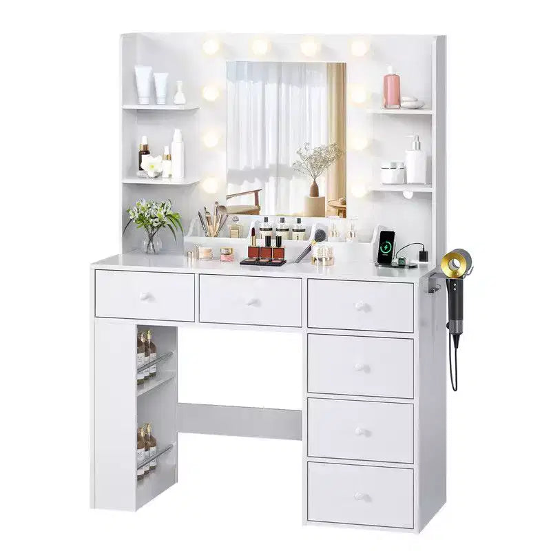 White Vanity Dressing Table with 6 Drawers, 3 Compartments, Dimmable Lighting and Built-In Power Strip