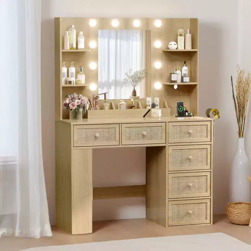 White Vanity Dressing Table with 6 Drawers, 3 Compartments, Dimmable Lighting and Built-In Power Strip